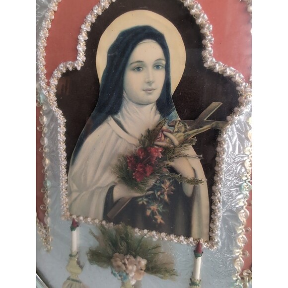 Antique Convex Glass Wall Picture St. Therese Of Lisieux 30's Mary Icon MCM - Picture 5 of 9